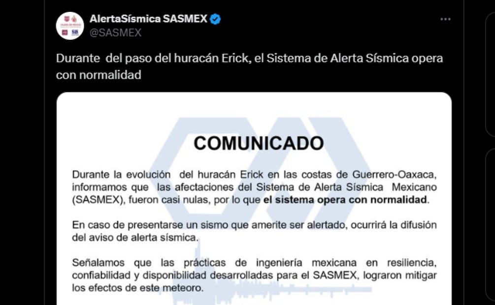 Informan que el Sistema de Alerta Sísmica opera con normalidad tras paso del huracán Erick (19/06/2025). Foto: Captura de pantalla